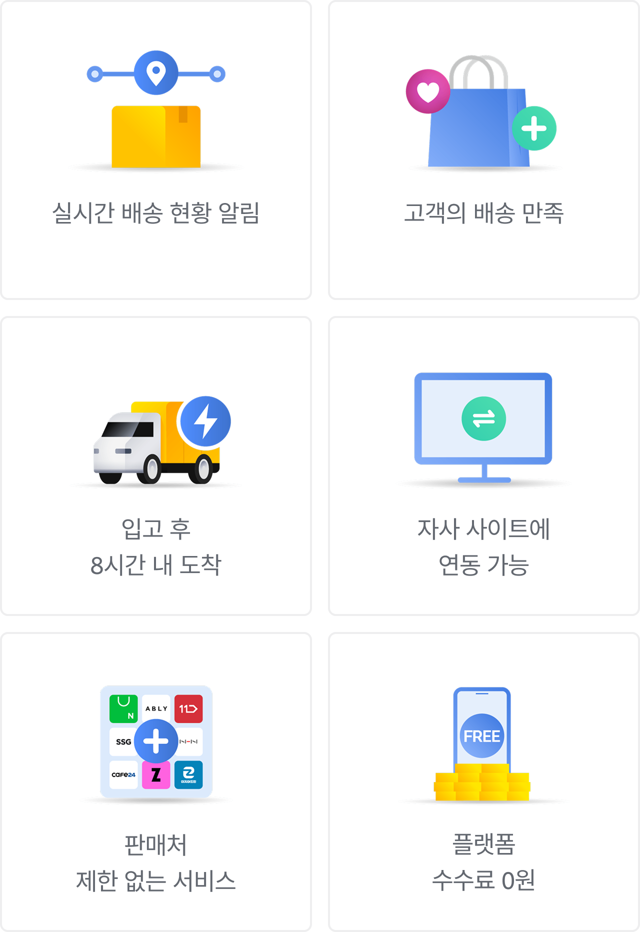 99%이상 배송 완료율, 재구매율,고객 만족도 향상, 택배보다 9배 더 빠른 속도, 자사 사이트에 연동가능, 판매처 제한 없는 서비스, 플랫폼 수수료0원